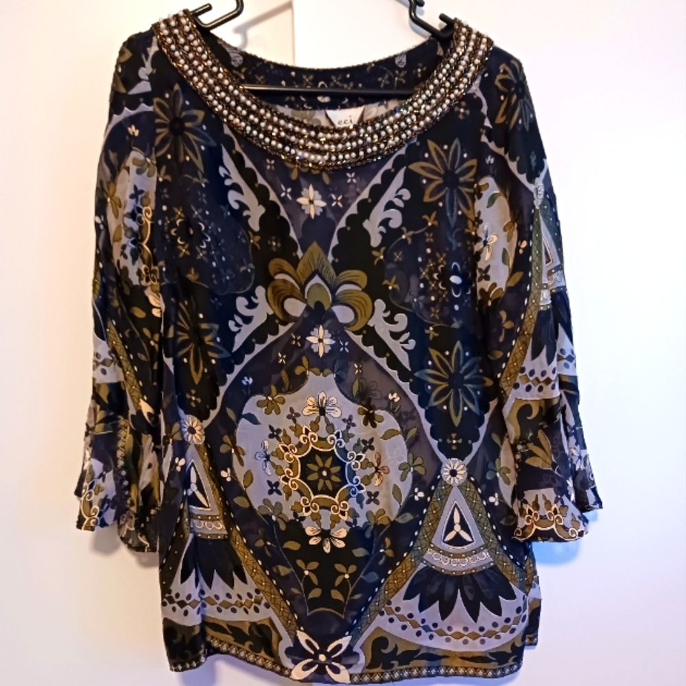 ECI Sheer Blouse with Gorgeous Beaded Neck. Size M.